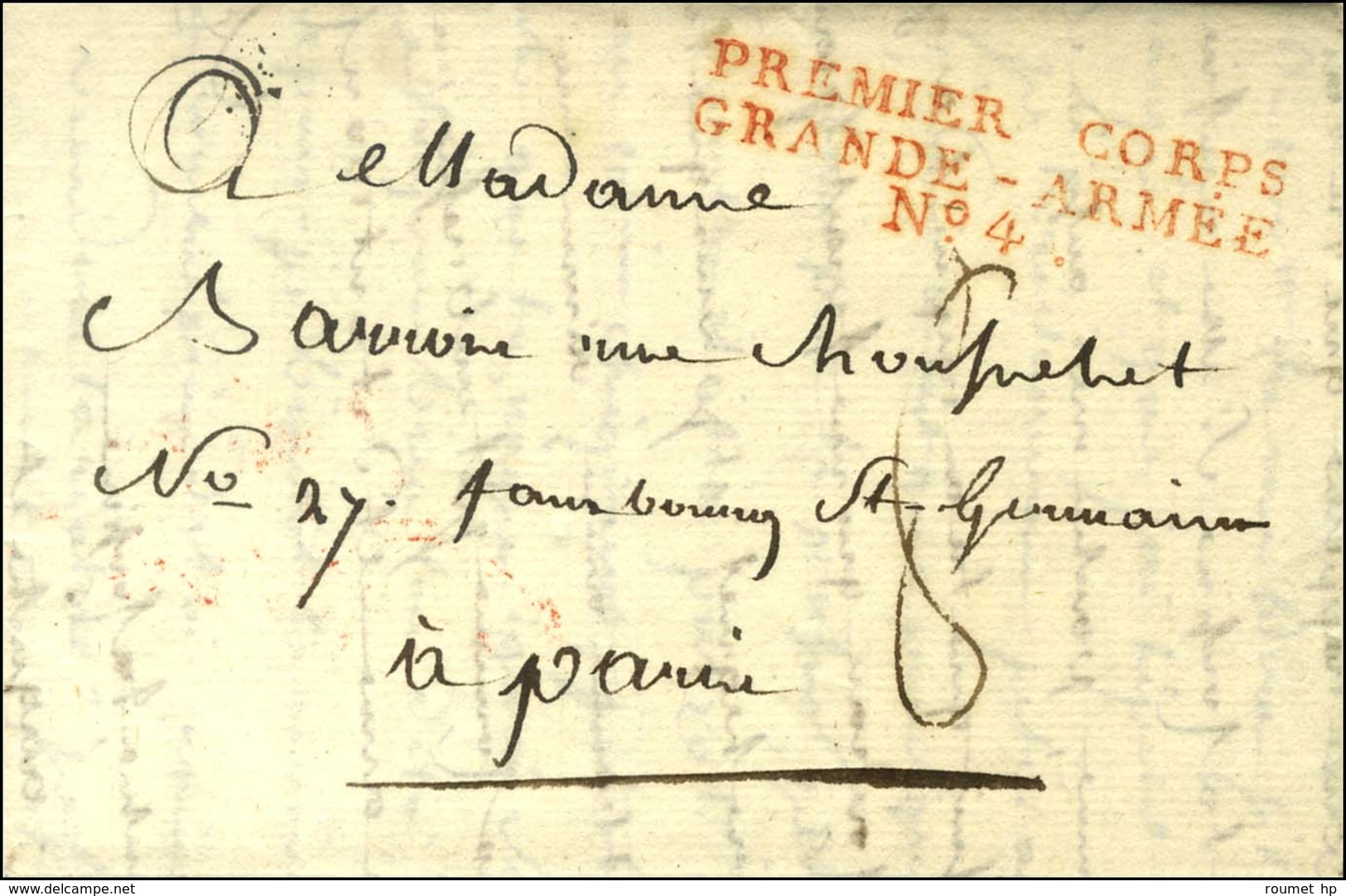 PREMIER CORPS / GRANDE ARMÉE / N° 4 Rouge Sur Lettre Avec Texte Daté De Braunsberg Le 17 Avril 1807. Exceptionnelle Frap - Marques D'armée (avant 1900)