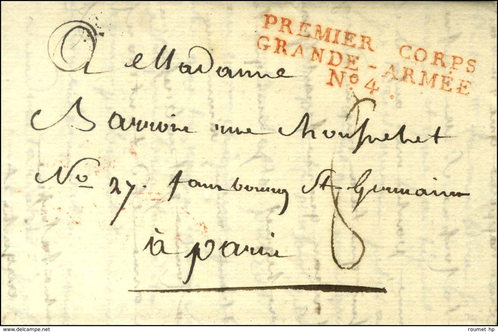 PREMIER CORPS / GRANDE ARMÉE / N° 4 Rouge Sur Lettre Avec Texte Daté De Braunsberg Le 17 Avril 1807. Exceptionnelle Frap - Legerstempels (voor 1900)