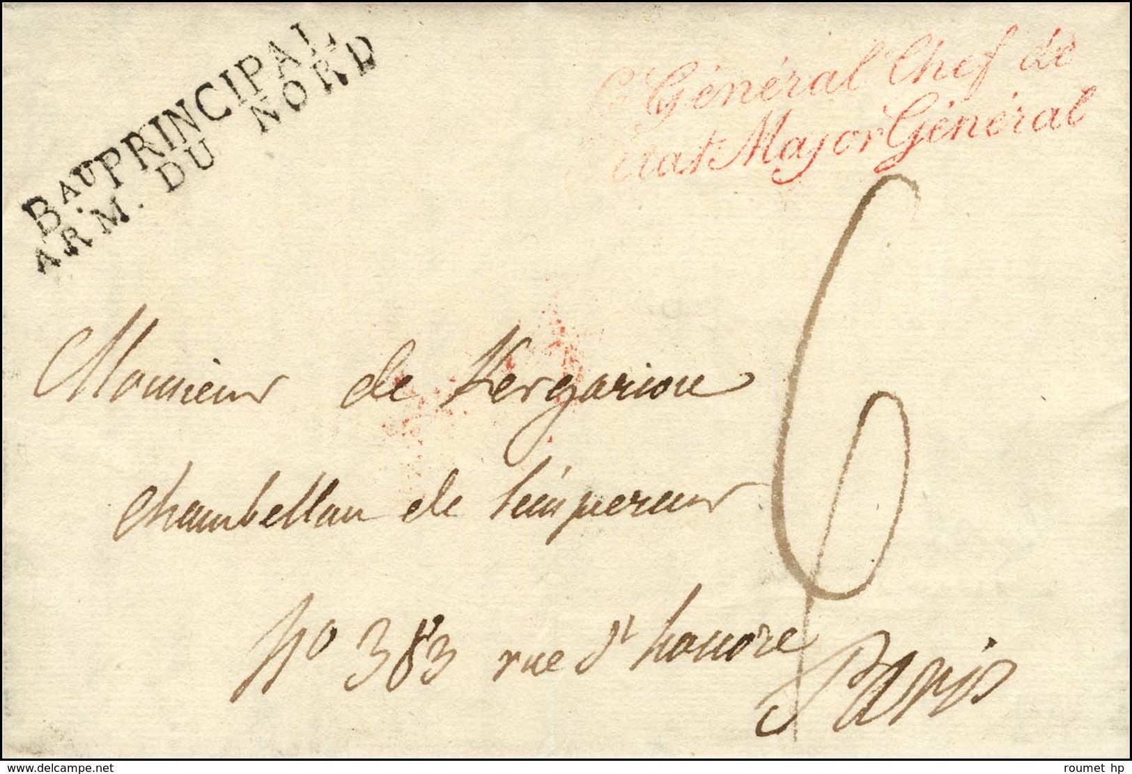 Bau PRINCIPAL / ARM. DU NORD + Griffe Rouge ' Le Général Chef De / L'Etat Major Général ' à Anvers. Au Verso, Cachet Rou - Army Postmarks (before 1900)