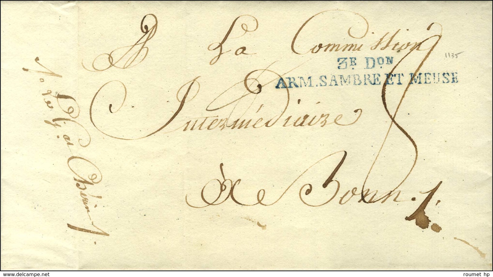 3e Don / ARM. SAMBRE ET MEUSE Bleu Sur Lettre Avec Texte Daté Au Quartier Général De Grünberg Le 21 Prairial. An 5. - SU - Army Postmarks (before 1900)