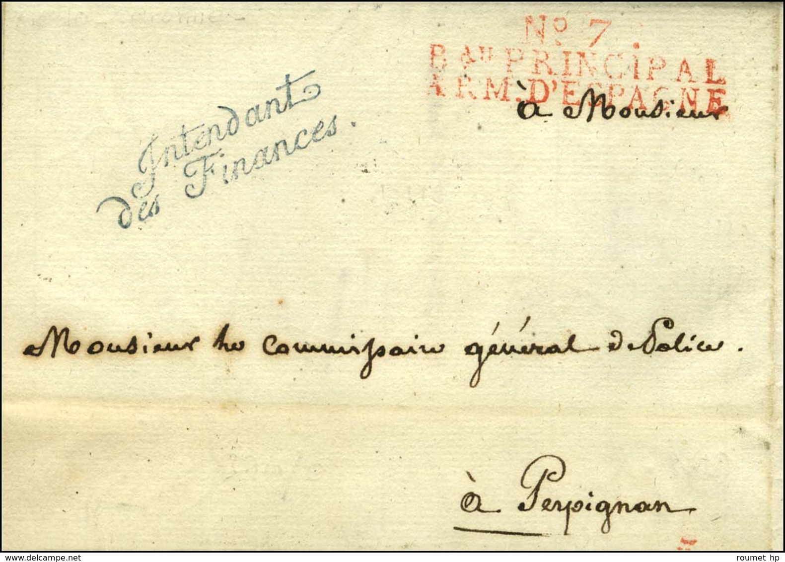 N° 7 / Bau PRINCIPAL / ARM. D'ESPAGNE Rouge Sur Lettre Avec Texte Daté De Girone Le 31 Décembre 1810 Adressée En Franchi - Army Postmarks (before 1900)