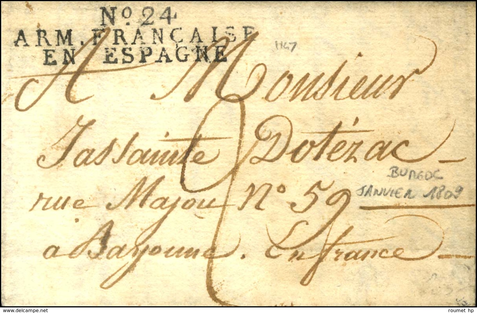 N° 24 / ARM. FRANCAISE / EN ESPAGNE Sur Lettre Avec Texte Daté De Bourgos Le 12 Janvier 1809. - SUP. - Army Postmarks (before 1900)