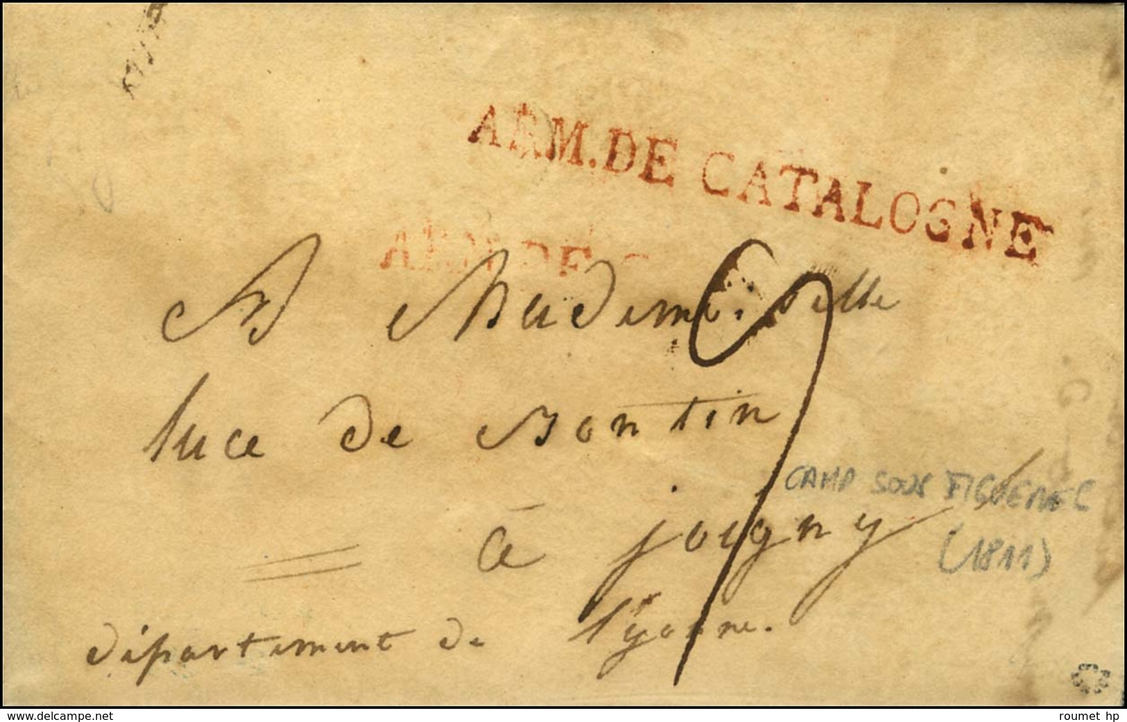 ARM. DE CATALOGNE Rouge Sur Lettre Avec Superbe Texte évoquant Figuerès Assiégé Daté Du Camp Sous Figuerès Ce 27 Juillet - Marques D'armée (avant 1900)