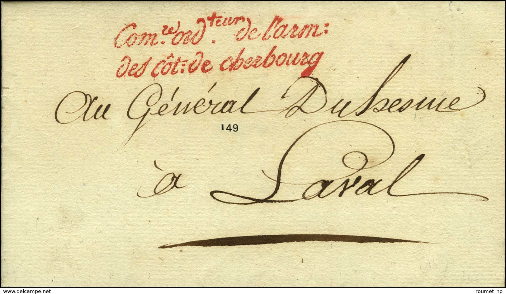 ' Comre Ordteur De L'arm. / Des Côt. De Cherbourg ' Rouge Sur Lettre En Franchise Avec Texte Daté Du Quartier Général à  - Army Postmarks (before 1900)