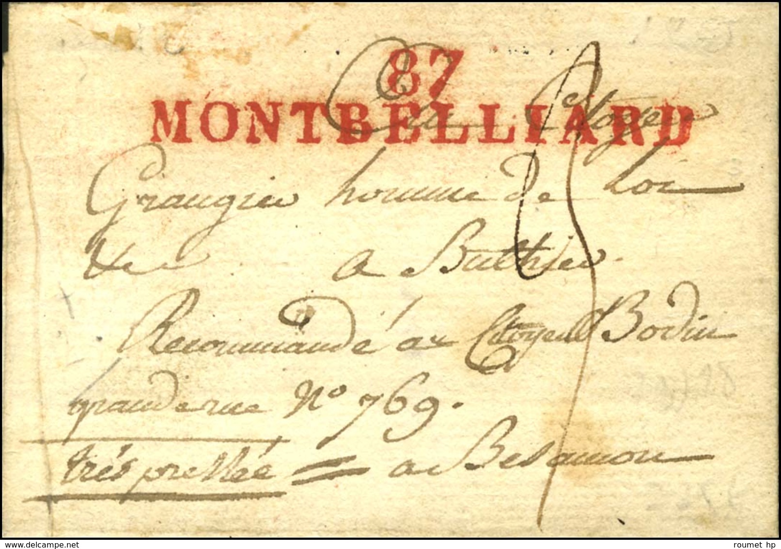 87 / MONTBELLIARD Rouge Sur Lettre Sans Texte Pour Besançon. Exceptionnelle Frappe. - SUP. - R. - 1792-1815: Conquered Departments