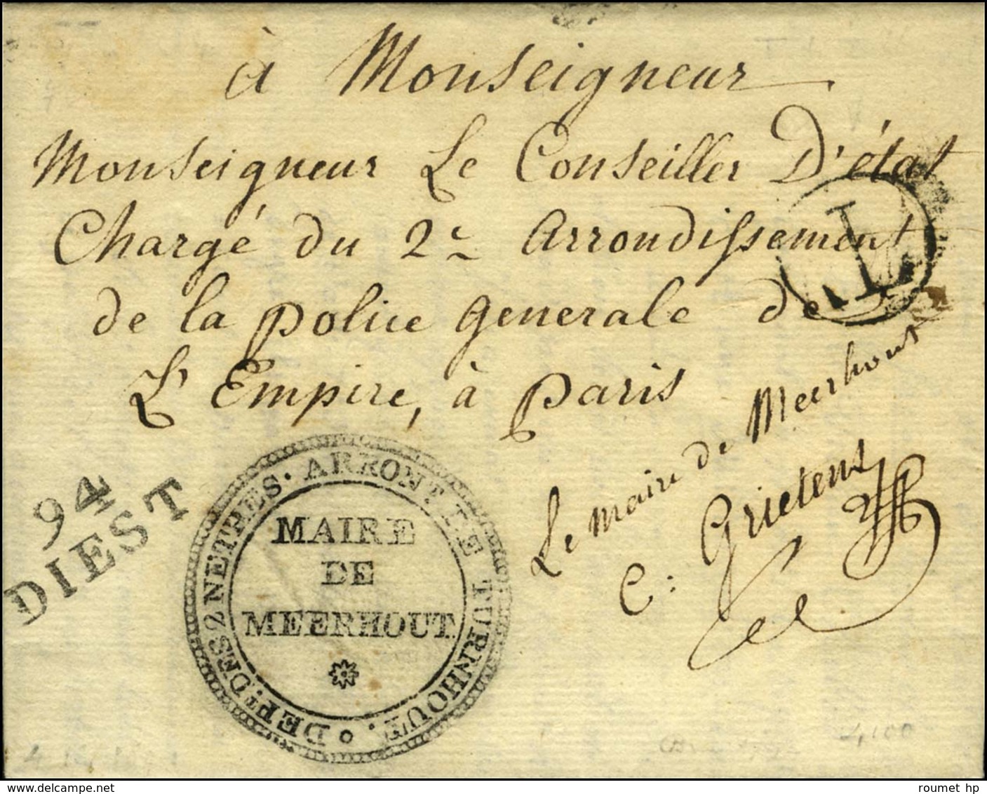 94 / DIES + Beau Cachet Orné De La Mairie De Meerhout Sur Lettre Avec Texte Daté De Meerhout Le 12 Frimaire An 13, Adres - 1792-1815: Veroverde Departementen