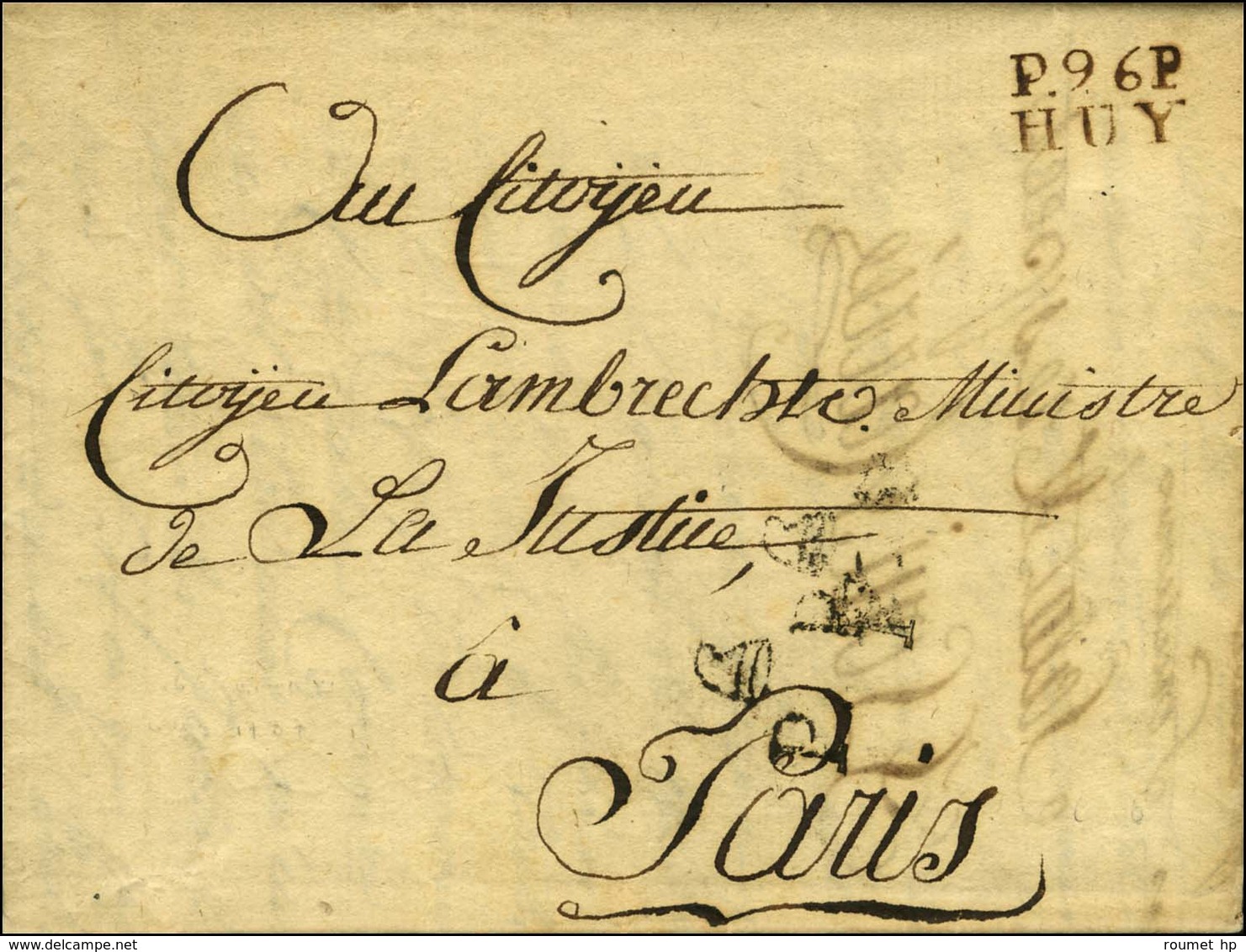 P.96.P. / HUY Sur Lettre Avec Texte Daté Le 16 Frimaire An 6 Pour Paris. Au Recto, P.P. BONNET PHRYGIEN. - SUP. - 1792-1815: Départements Conquis
