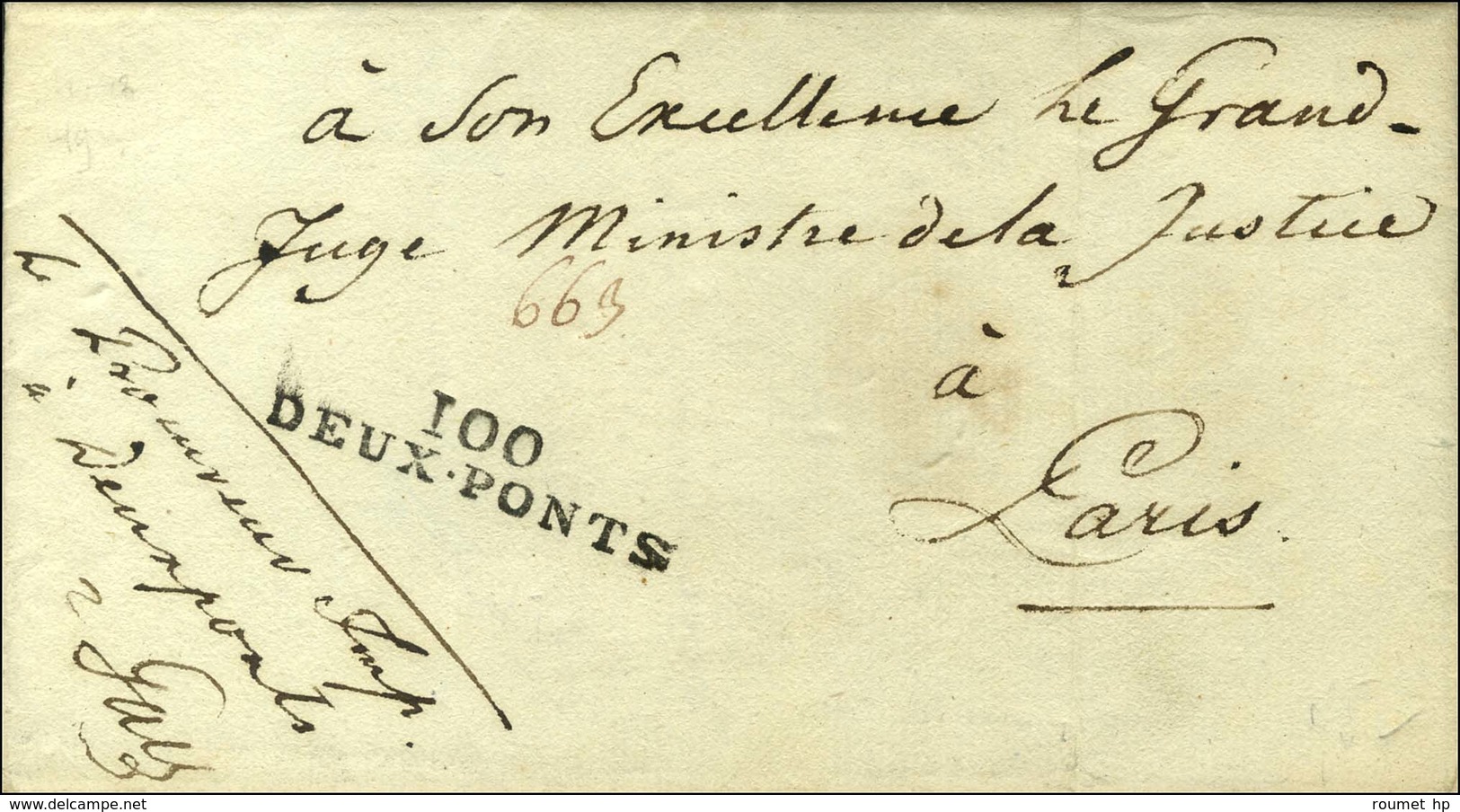 100 / DEUX-PONTS Sur Lettre Avec Texte Daté Le 15 Pluviose An 13 Pour Paris. Au Recto, Contreseing Manuscrit Du Procureu - 1792-1815: Conquered Departments