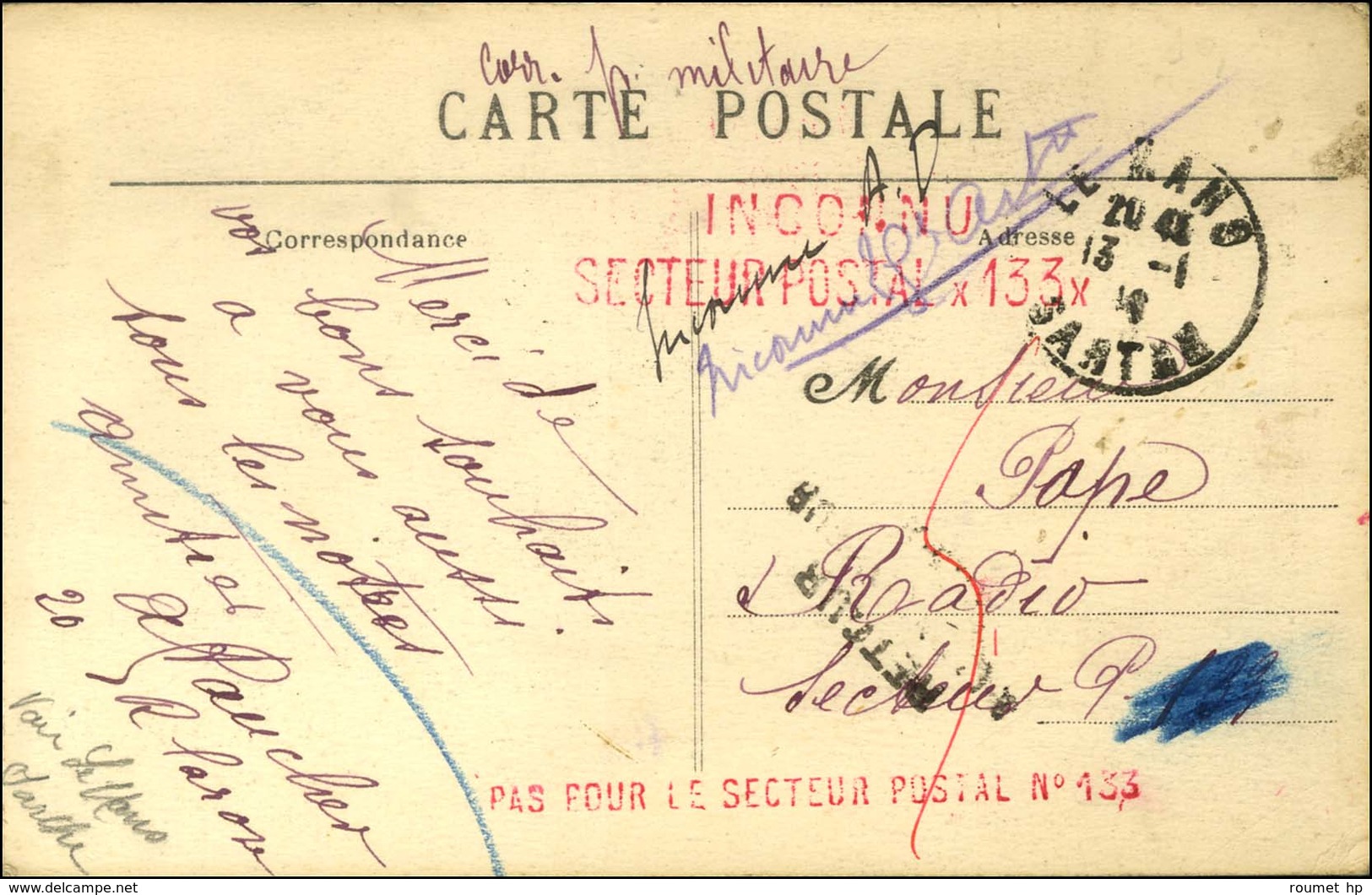 Griffe Rouge INCONNU / SECTEUR POSTAL 133. - TB. - WW I