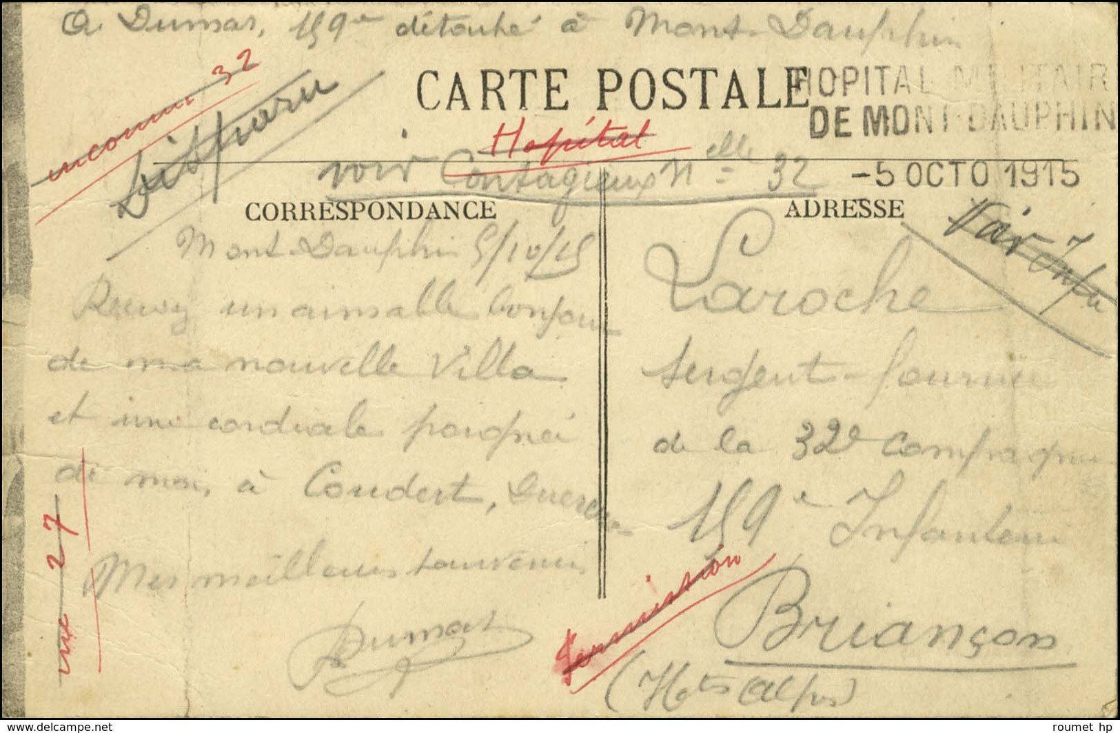 Griffe HOPITAL PUBLIC / DE MONTDAUPHIN / 5 OCTO 1915 Sur CP. - TB. - WW I
