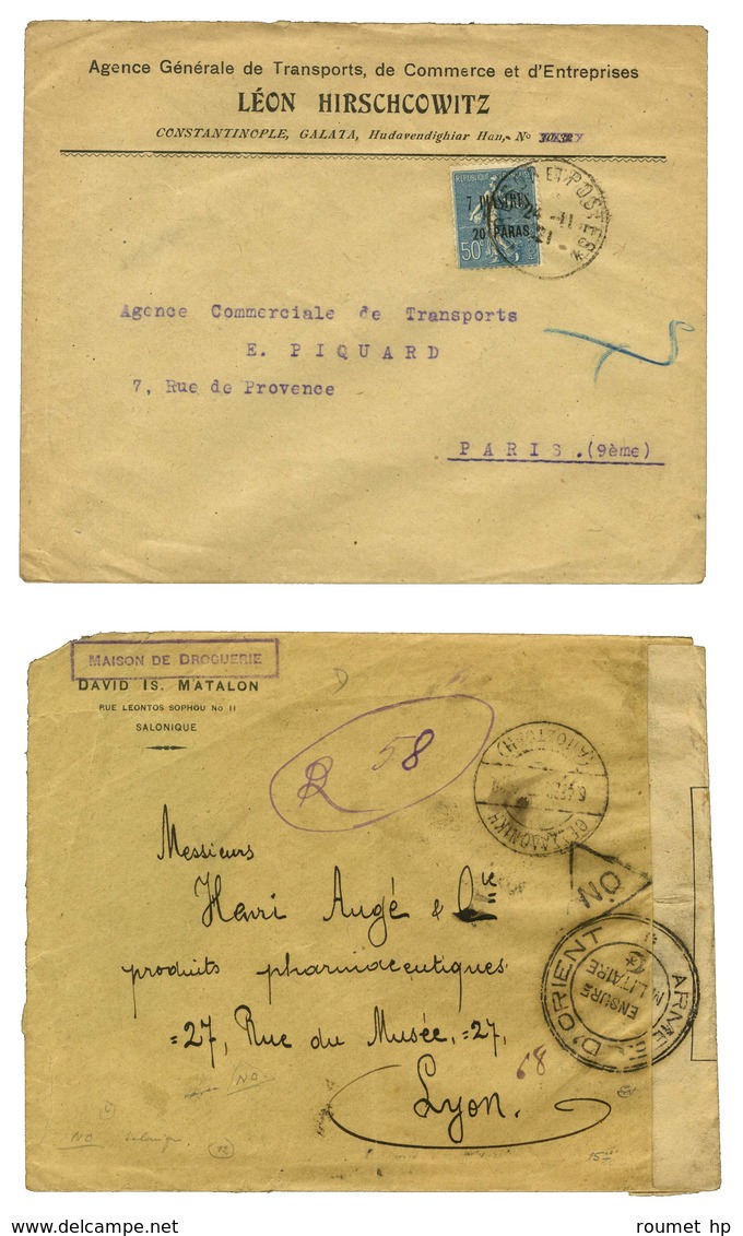 Lot De 2 Lettres Cachets De Constantinople Et Salonique Avec Censure Militaire. - TB. - Oorlog 1914-18