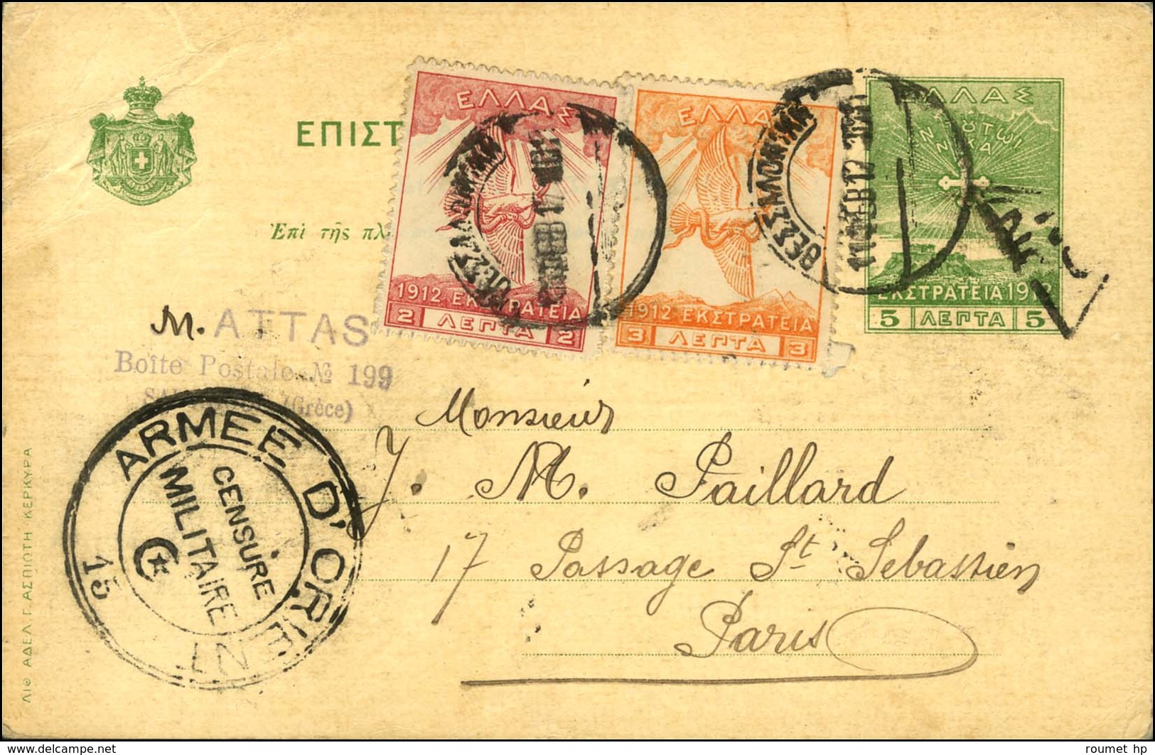 Cachet ARMEE D'ORIENT CENSURE MILITAIRE Sur Entier Grèce Daté De Salonique. 1917. - TB. - Guerre De 1914-18