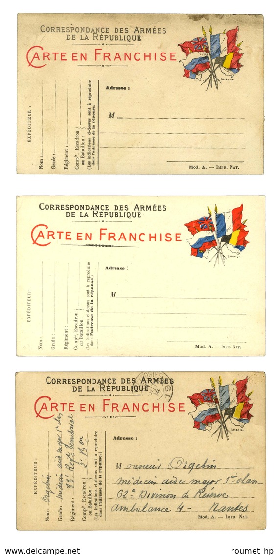 Lot De 3 CP Doubles De Franchise Militaire Faisceau De 6 Drapeaux Modèle A Dont 1 Obl. - TB. - WW I