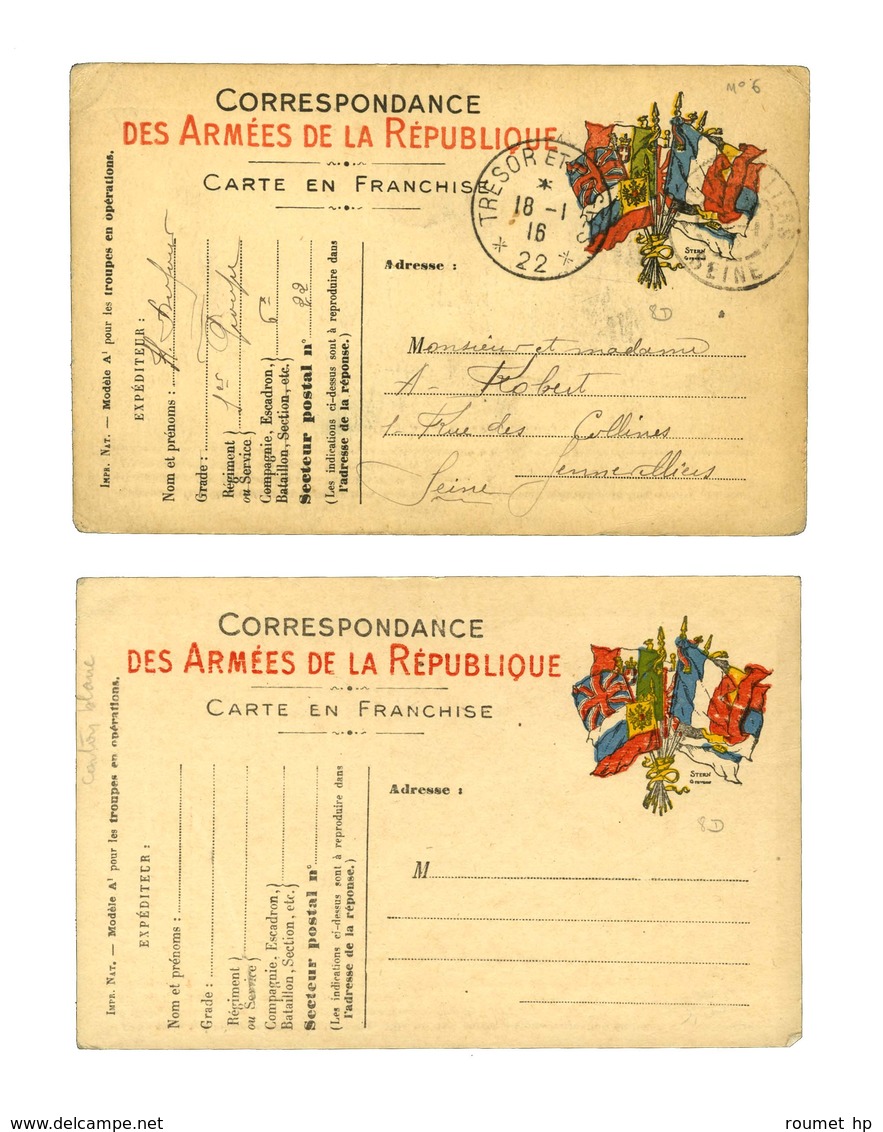 Lot De 2 CP (1 Neuve, 1 Obl TRESOR ET POSTES) De Franchise Militaire Faisceau De 8 Drapeaux Modèle B . - TB. - WW I