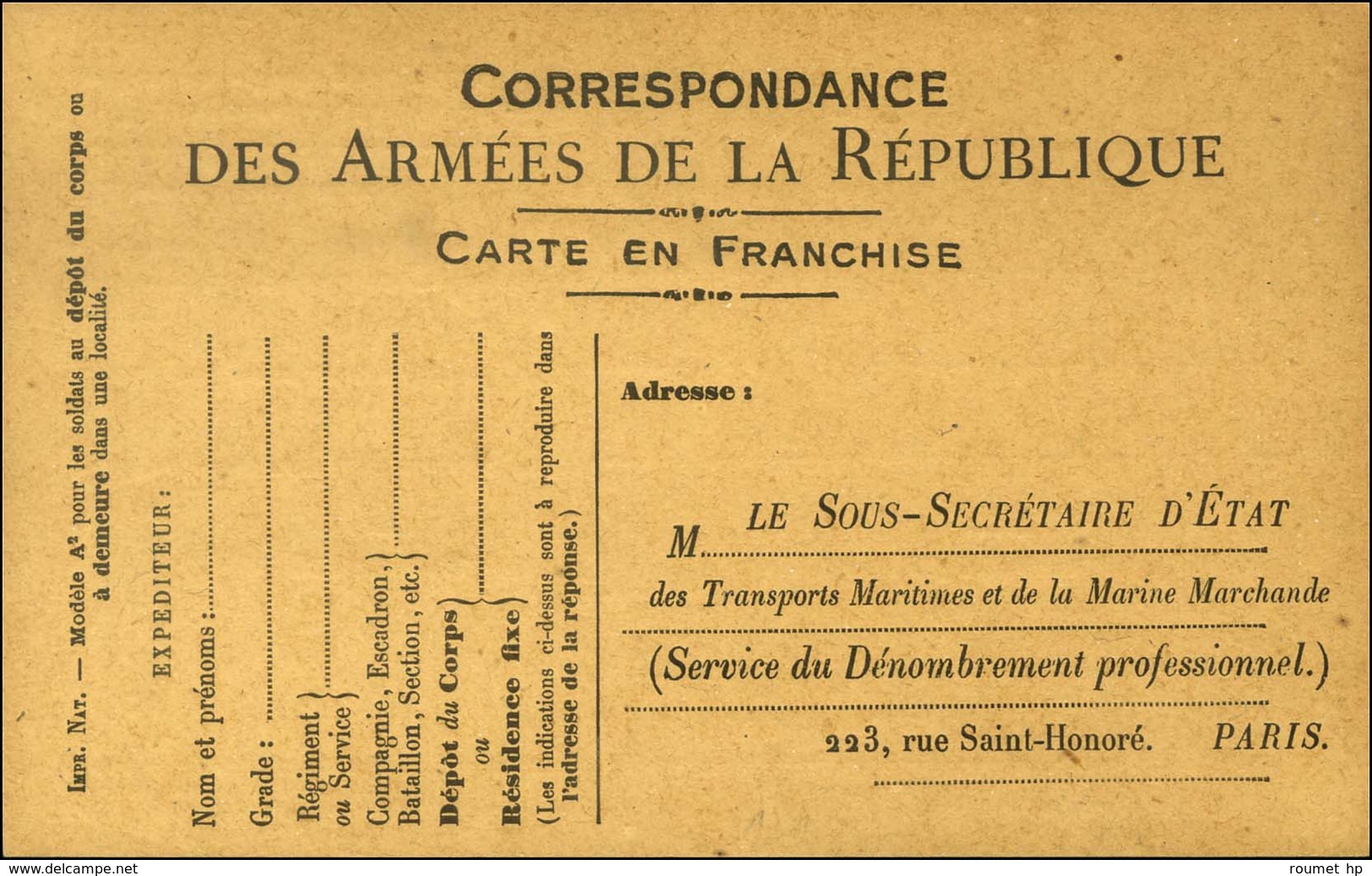 1 CP Neuve De Franchise Militaire Sans Faisceau Avec Repiquage Marine Marchande. - TB. - Oorlog 1914-18