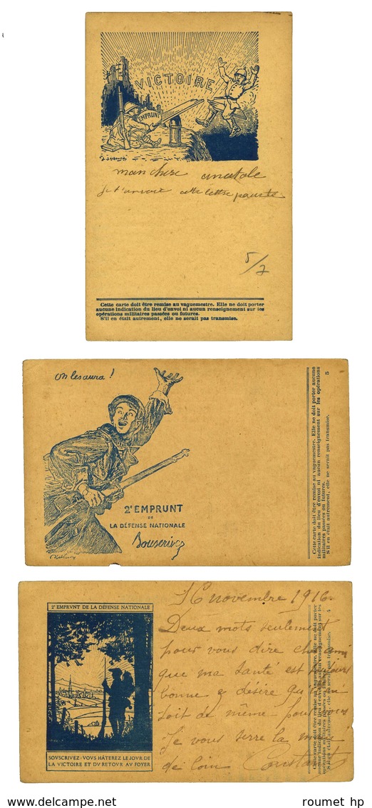 Lot De 3 CP (2 Neuves, 1 Obl) De Franchise Militaire Modèle A1 En Bleu. Au Verso, Illustration De Hansi, Favre Et Lechau - Guerre De 1914-18