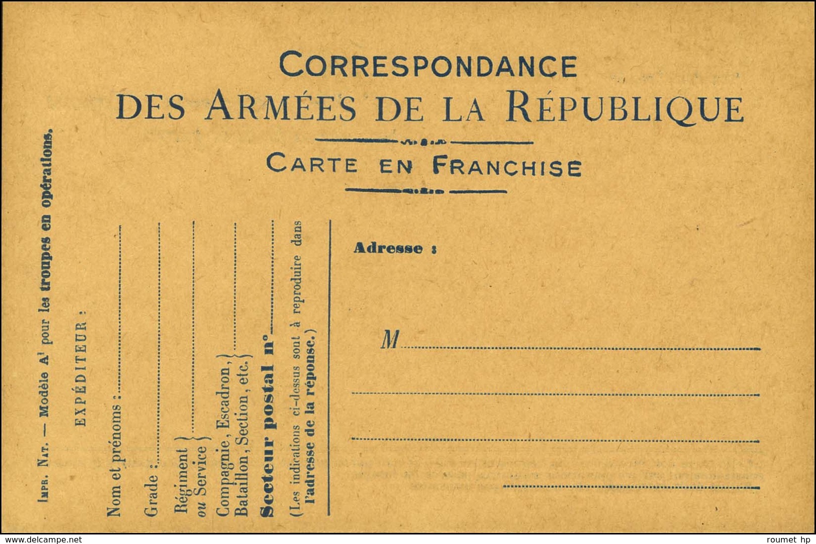 CP Neuve De Franchise Militaire Modèle A1 N'ayant Jamais Circulé : Aux Armées Le...Octobre 1916. - TB. - WW I