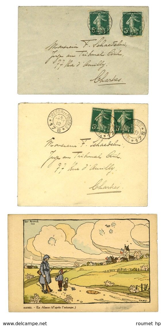 Lot De 2 Lettres Affranchies Semeuse 5c Obl Càd TP 178 Et 209 Et 1CP Neuve Avec Illustration D'Hansi. - TB. - WW I