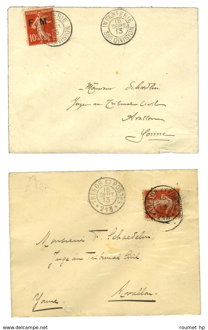 Lot De 2 Lettres Affranchies 10c Semeuse Dont 1 FM Obl Cachet TP 213 Et INFANTERIE / 35e DIVISION. - TB. - Guerre De 1914-18