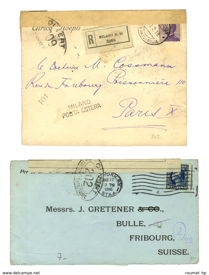 Lot De 2 Lettres En Provenance D'Italie Et Des Etats Unis Avec Marques De Contrôle Postal (Lyon 202 à 209). - TB. - WW I