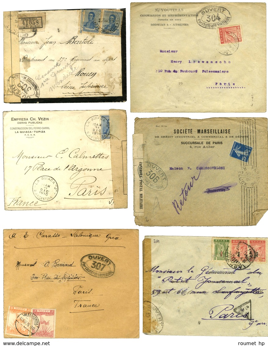 Lot De 9 Lettres En Provenance D'Argentine Et Grèce Avec Marques De Contrôle Postal (Marseille 301 à 315). - TB. - Oorlog 1914-18