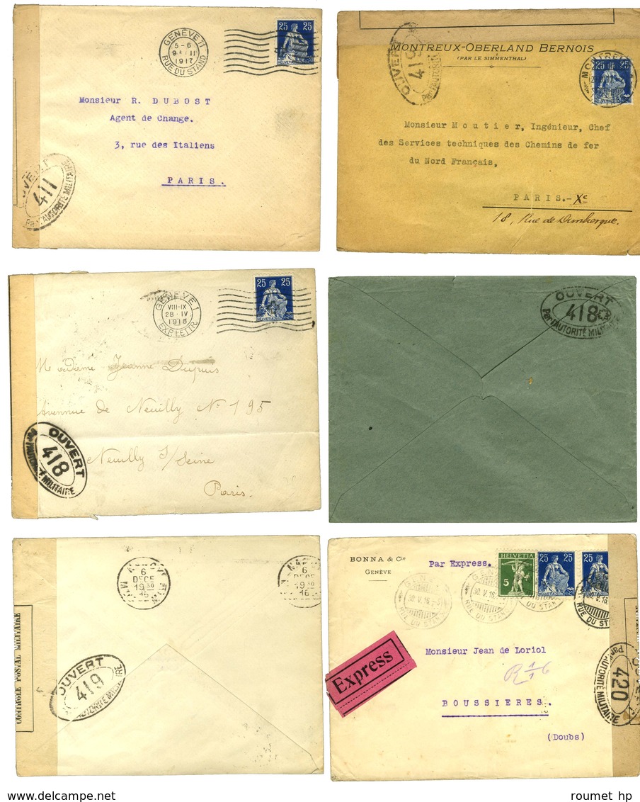 Lot De 12 Lettres Et CP En Provenance De Suisse Avec Marques De Contrôle Postal (Bourg 400 à 422). - TB. - WW I