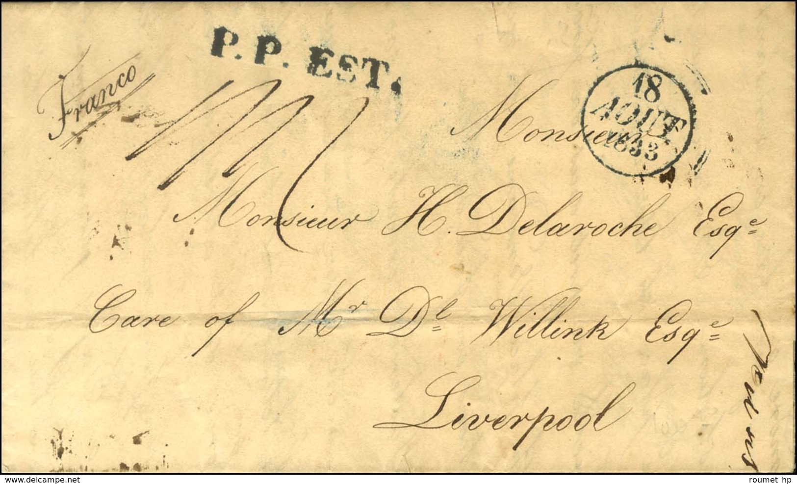 P.P. EST. Bleu Sur Lettre Avec Texte Daté De Paris Le 15 Août 1833 Pour Liverpool. - TB / SUP. - Andere & Zonder Classificatie