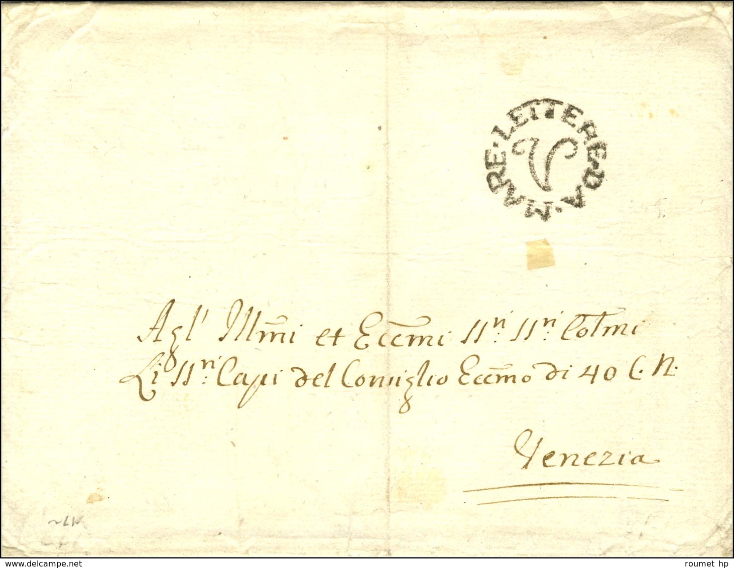 Lettre Avec Texte Daté De Corfou Pour Venise. Au Recto, Marque Postale D'arrivée Maritime LETTERE DA MARE / V. Au Verso, - Andere & Zonder Classificatie