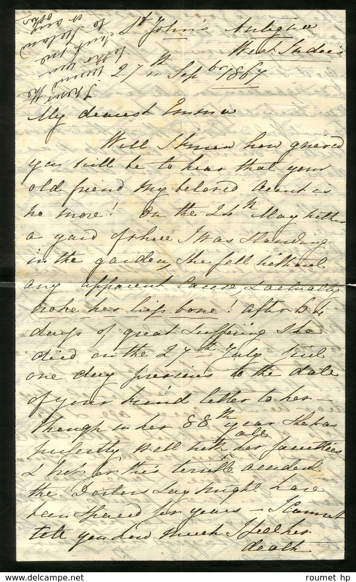 Oblitération AO2 / Antigua N° 2 (2) + 3 Sur Lettre Avec Texte Daté St Johns Antigua West Indies Le 27 Septembre 1867 Pou - Other & Unclassified