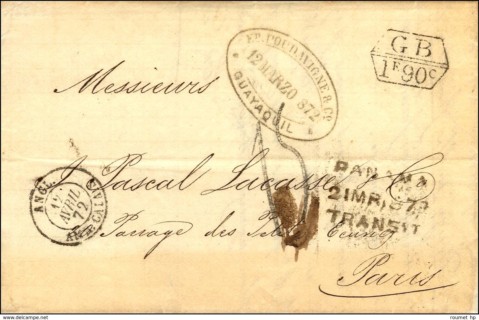 Lettre De Goyaquil Pour La France Avec Marque D'échange GB / 1F90c. 1872. - TB. - Other & Unclassified