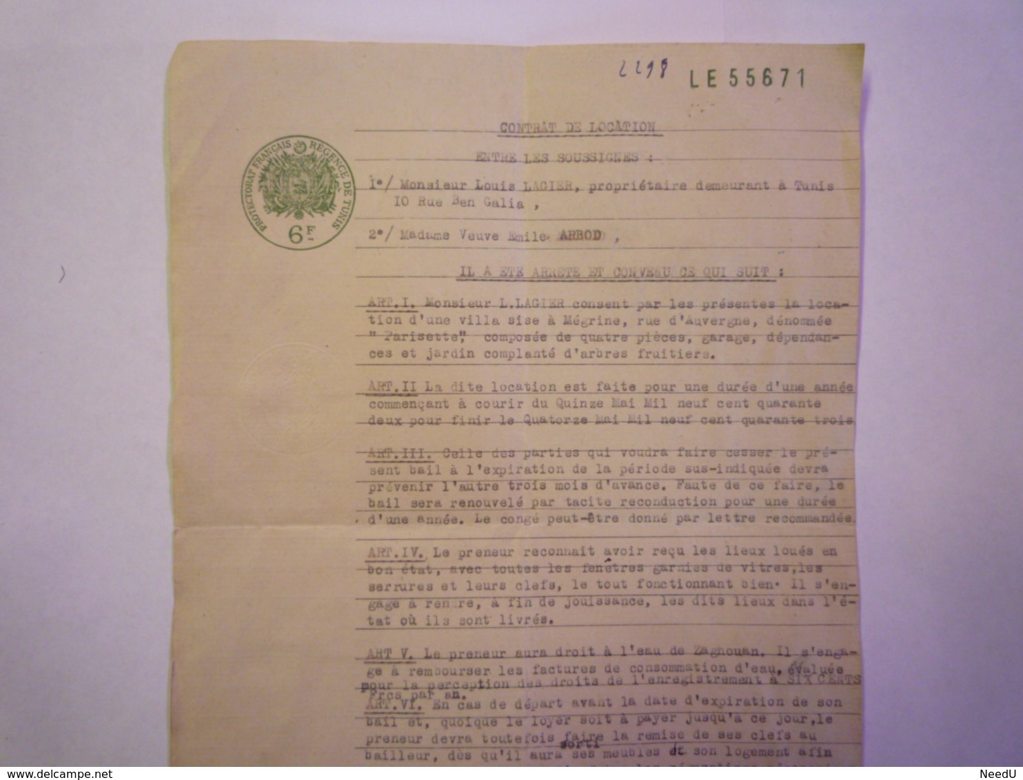 GP 2019 - 789  Document Avec  CACHET FISCAL  6F  Protectorat Français Régence De TUNIS  1942   XXX - Unclassified