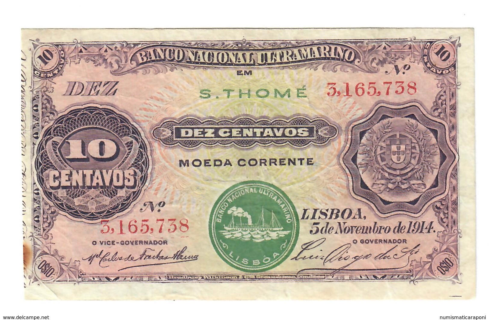 San Tomè 10 Centavos 05 11 1914 Bb+ Lotto.2118 - São Tomé U. Príncipe