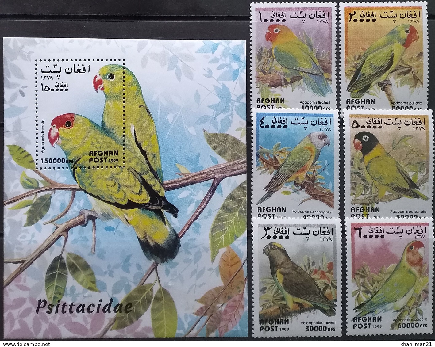 Afghanistan, 1999, Mi. 1923-28, 1929 (bl. 116), Birds, Parrots, MNH - Pappagalli & Tropicali