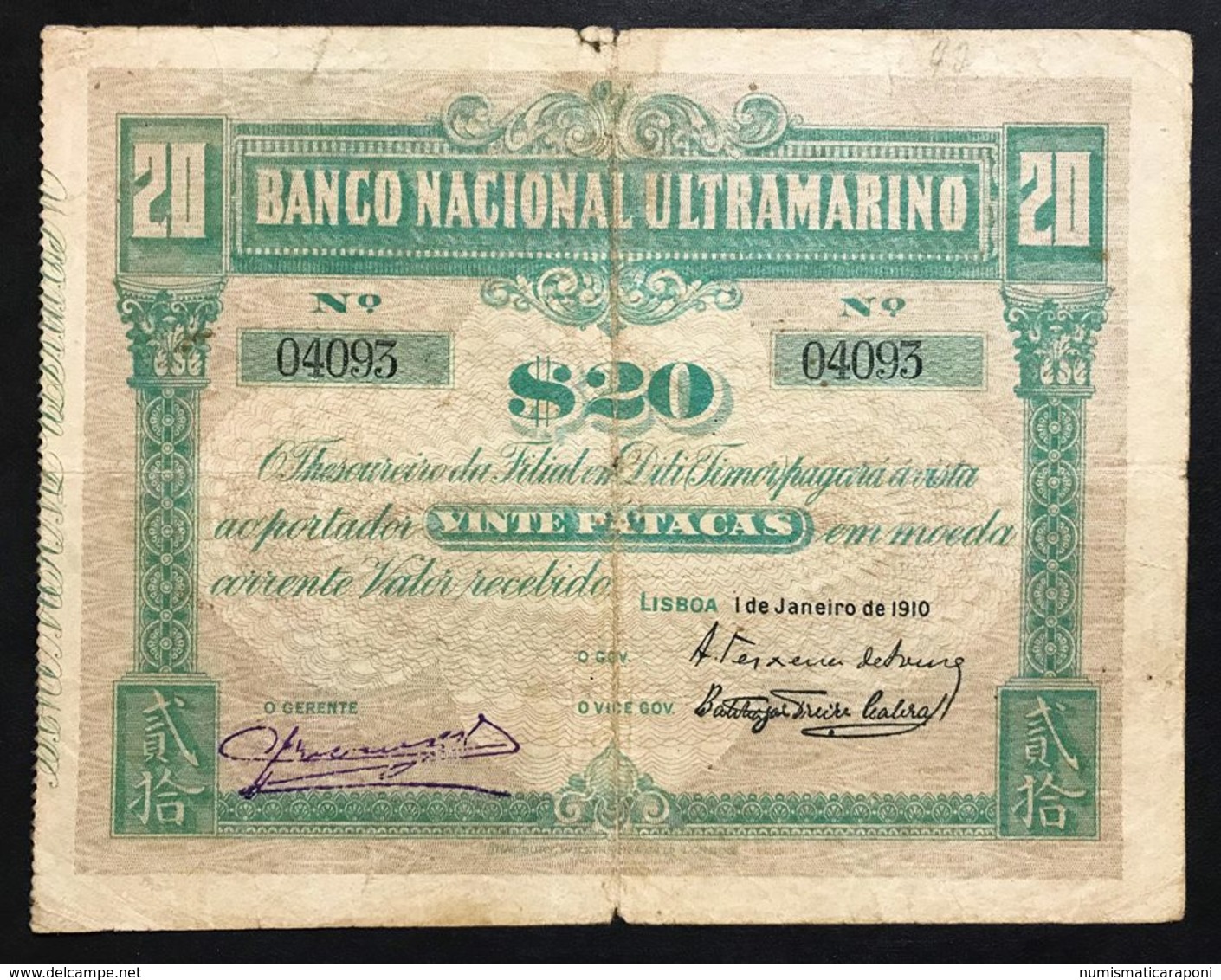 Timor Banco Nacional Ultramarino 20 Patacas 01/01/1910 Pick#4  Lotto.1969 - Timor