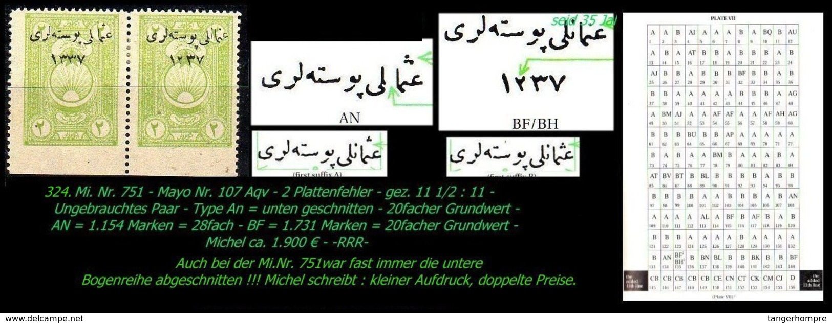 EARLY OTTOMAN SPECIALIZED FOR SPECIALIST, SEE...Mi. Nr. 751 - Mayo 107 Aqv+ 2 Plattenfehler -RRR- - 1920-21 Anatolia