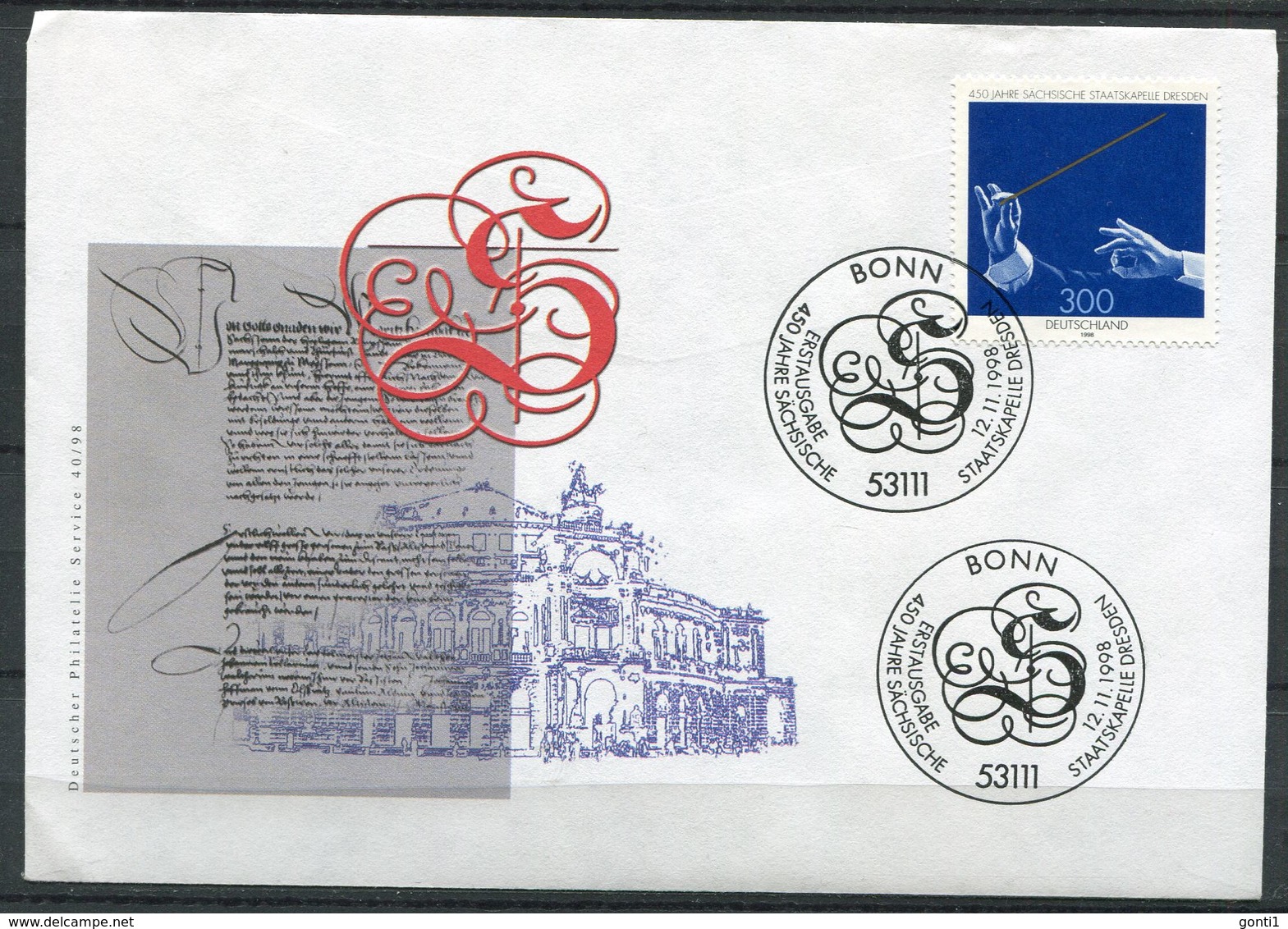 First Day Cover Germany 1998 Mi.Nr.2025 Ersttagsbrief "450 Jahre Sächsische Staatskapelle,Dresden" 1 FDC - Musik