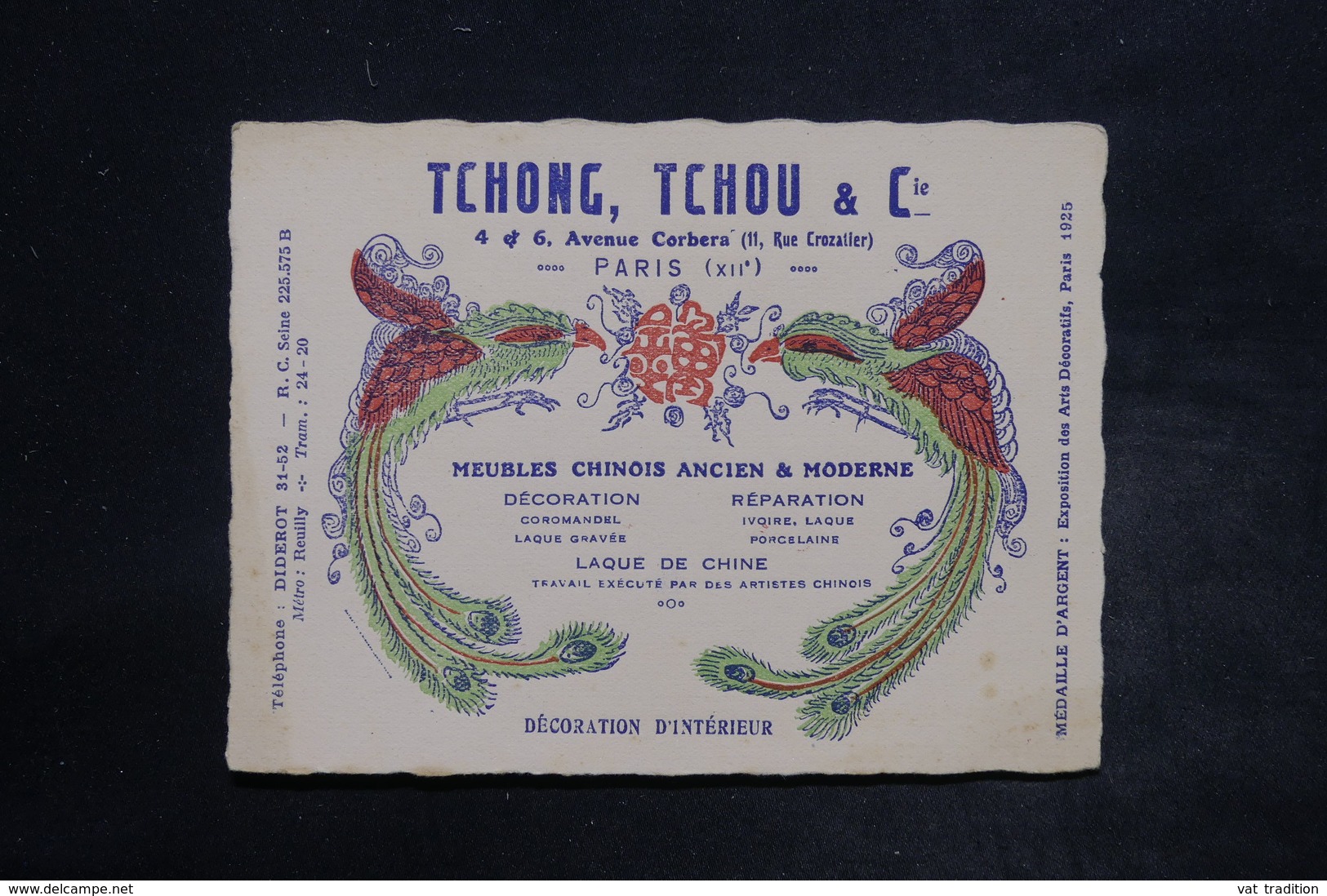 FRANCE - Carte Commerciale " Tchong Tchou & Cie " Meubles Chinois Ancien Et Moderne De Paris - L 26460 - 1900 – 1949