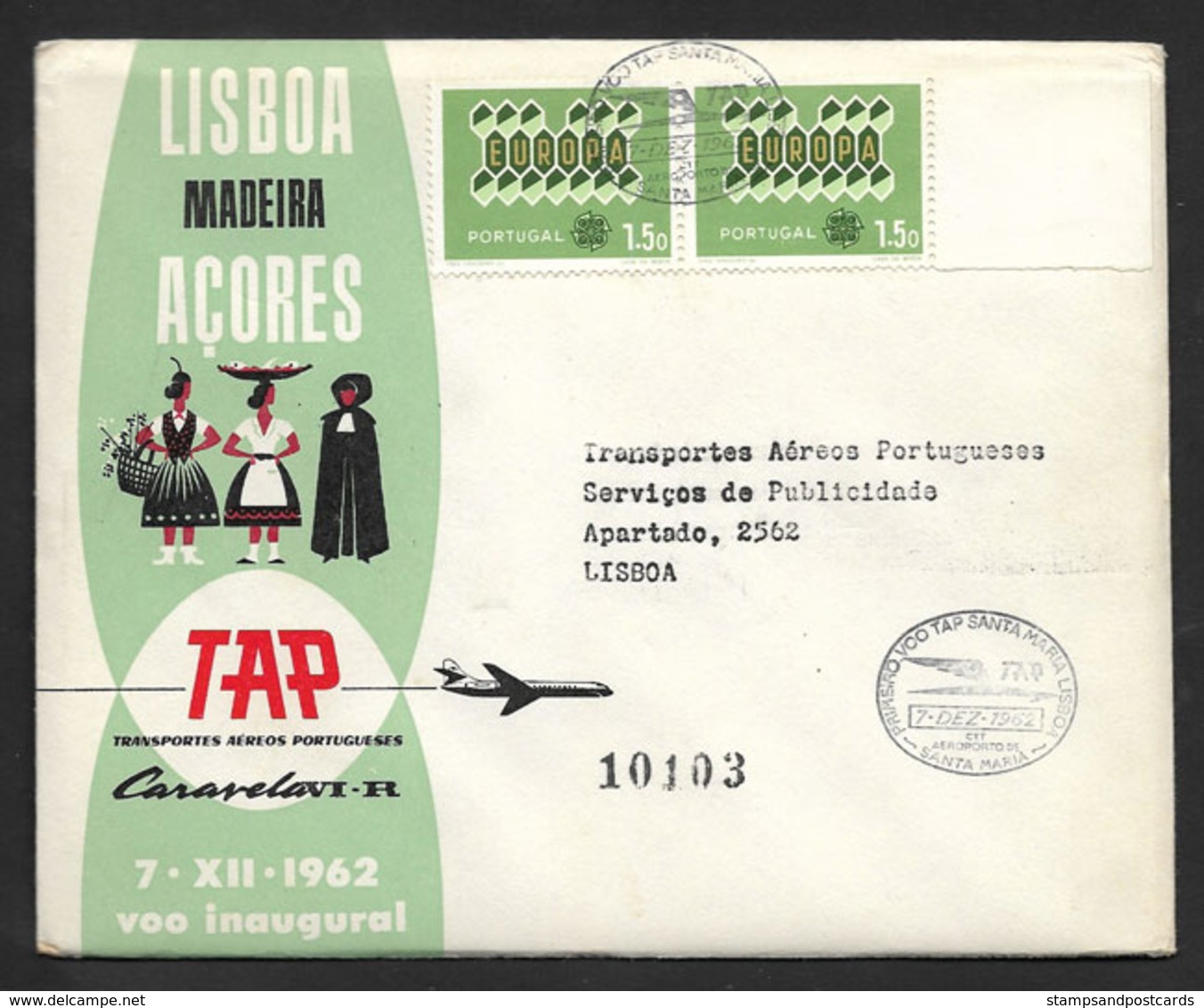 Portugal Premier Vol TAP Santa Maria Açores Lisbonne Recommandée 1962 First Flight Azores Lisbon Registered Cover - Lettres & Documents