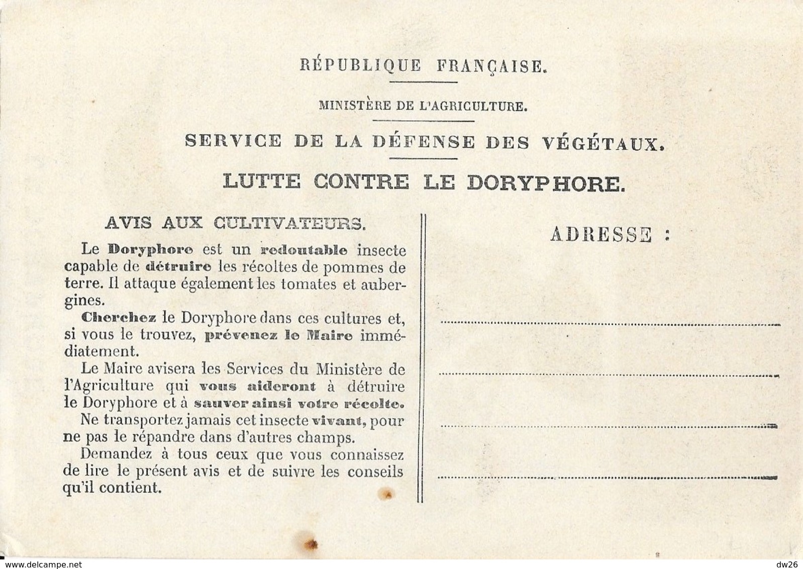 Avis Aux Cultivateurs: Lutte Contre Le Doryphore (ravageur Des Cultures De Pommes De Terre) - Illustration M.L. Dufrenoy - Cultures