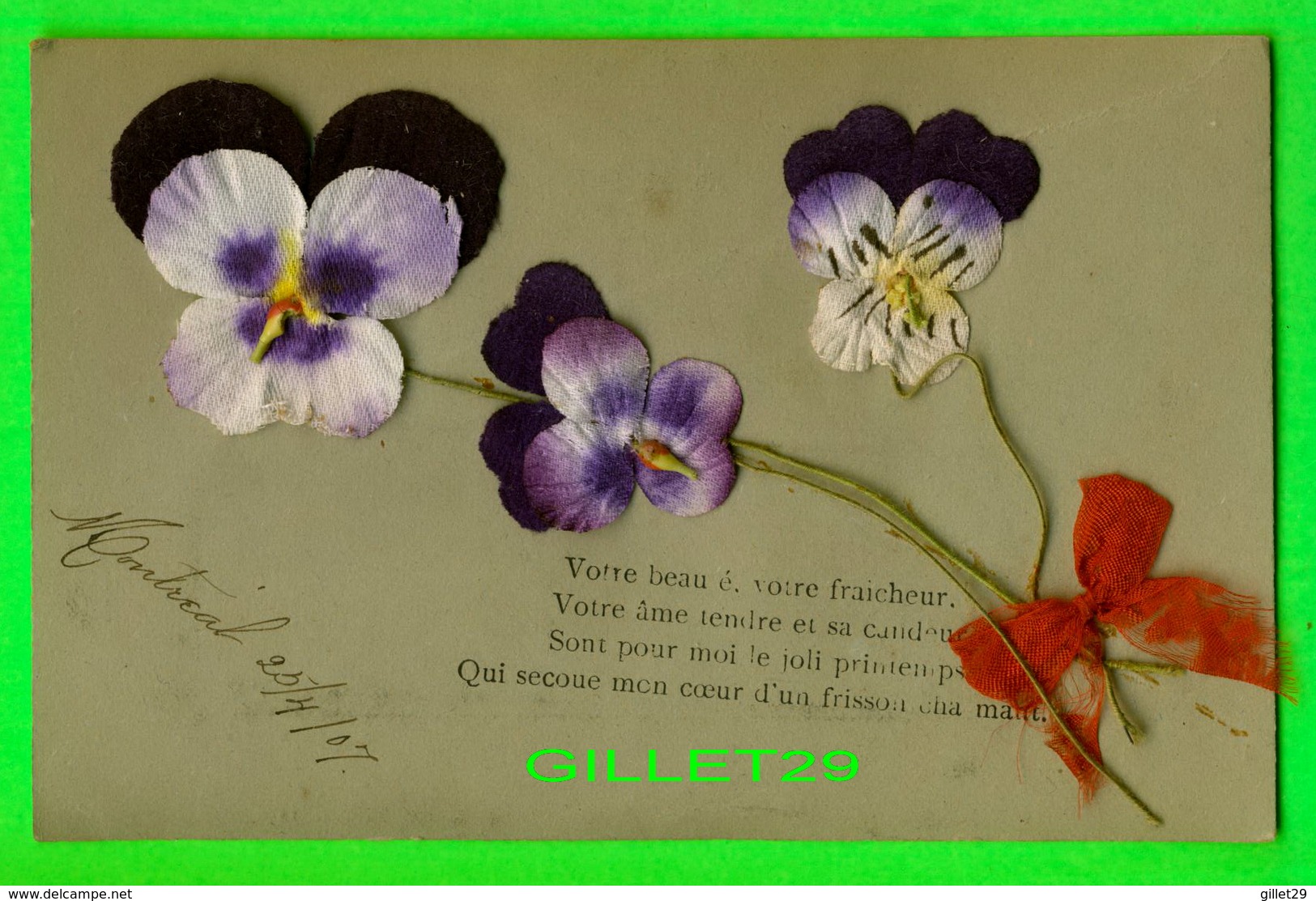 FLEURS - DES PENSÉES EN MATÉRIEL AJOUTÉ AVEC BOUCLE ROUGE - CIRCULÉE EN 1907 - - Fleurs