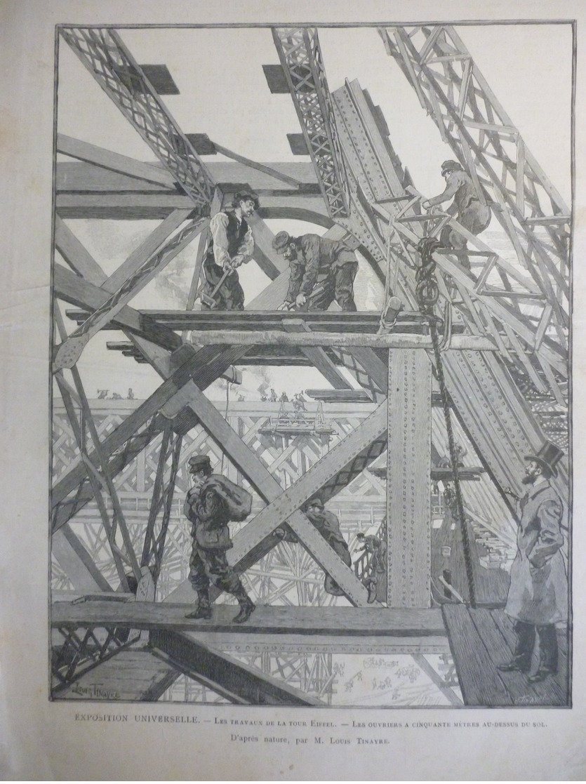 Exposition Universelle , Les Travaux De La Tour Eiffel , Dessin Et Gravure De Tinayre 1888 - Historical Documents