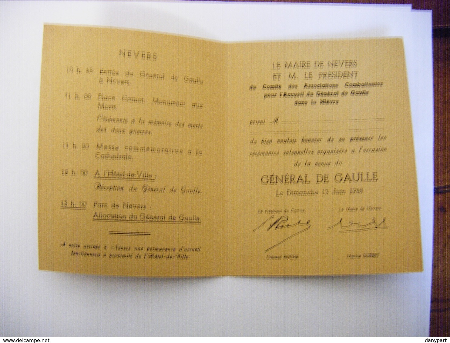 1948 Programme Visite Du Général De Gaulle à Nevers Carton D'invitation Signée Colonel Roche Et Marius DURBET Maire - Programmes
