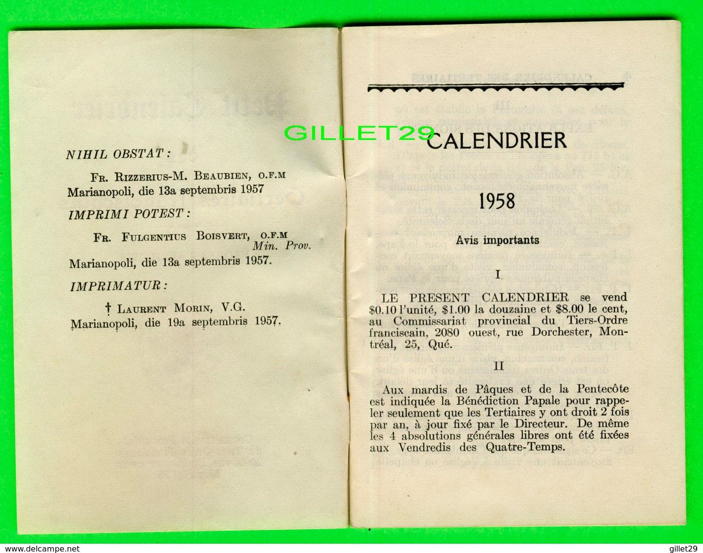 LIVRE RELIGIEUX - PETIT CALENDRIER DES TERTIAIRES FRANCISCAINS, 1958 - COMMISSARIAT PROVINCIAL DE MONTRÉAL - 58 PAGES - - Other & Unclassified