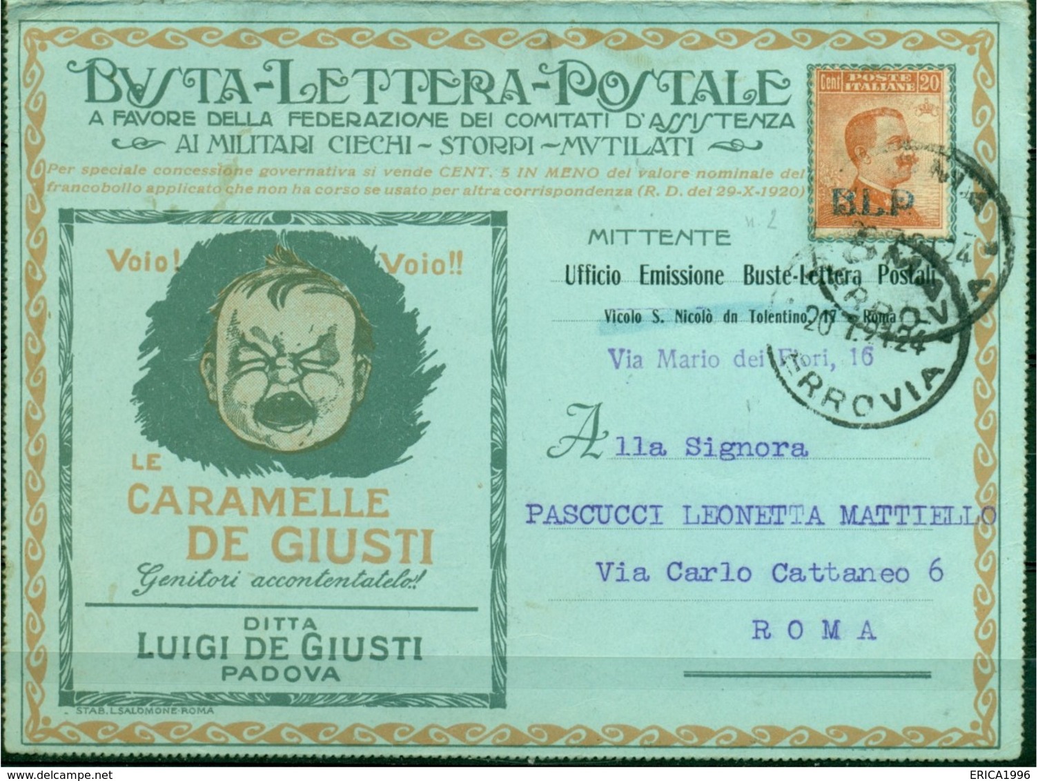 V6818 ITALIA 1921 REGNO B.L.P. 20 C. I Tipo Su Busta Lettera Postale Da Roma 20.7.1924 Per Città, Annullo Di Arrivo, Cer - Zegels Voor Reclameomslagen (BLP)