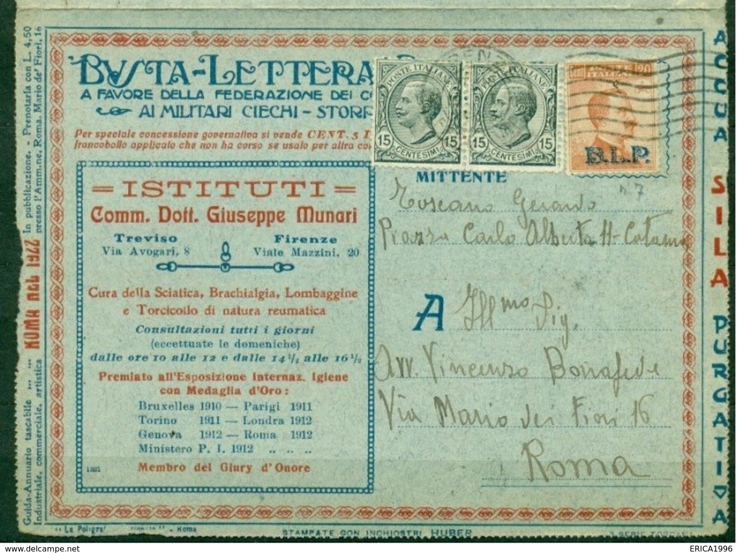 V6911 ITALIA 1923 REGNO B.L.P. 20 C. I Tipo (Sass. 7)  Su Busta Lettera Postale Della Serie Nazionale Da Firenze  15.I.1 - Sellos Para Sobres Publicitarios