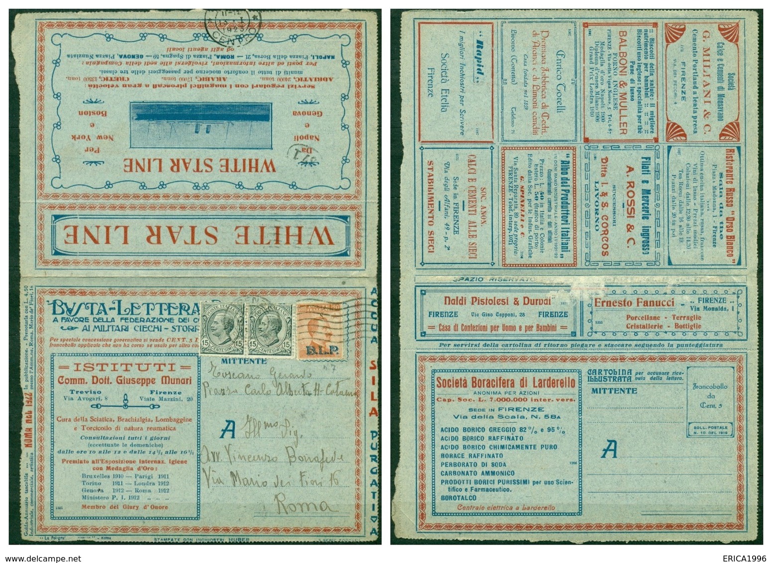 V6911 ITALIA 1923 REGNO B.L.P. 20 C. I Tipo (Sass. 7)  Su Busta Lettera Postale Della Serie Nazionale Da Firenze  15.I.1 - Sellos Para Sobres Publicitarios