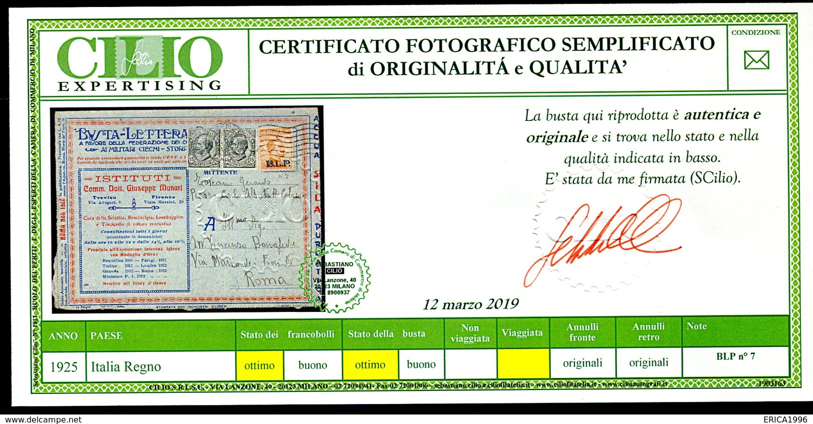 V6911 ITALIA 1923 REGNO B.L.P. 20 C. I Tipo (Sass. 7)  Su Busta Lettera Postale Della Serie Nazionale Da Firenze  15.I.1 - Stamps For Advertising Covers (BLP)