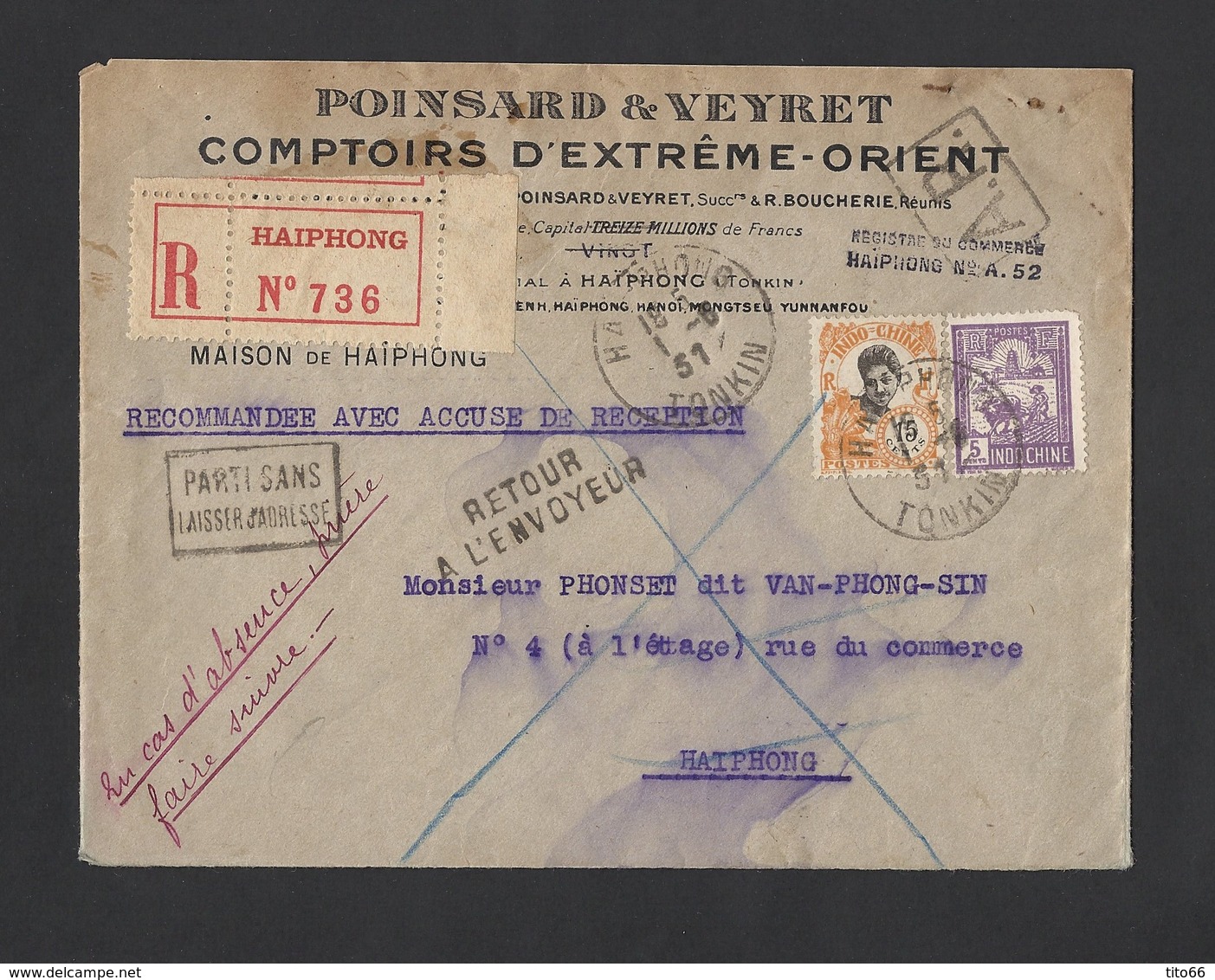 Enveloppe Recommandée Entête Poinsard Et Veyret De Haiphong Tonkin TAD 1/8/31 - Lettres & Documents