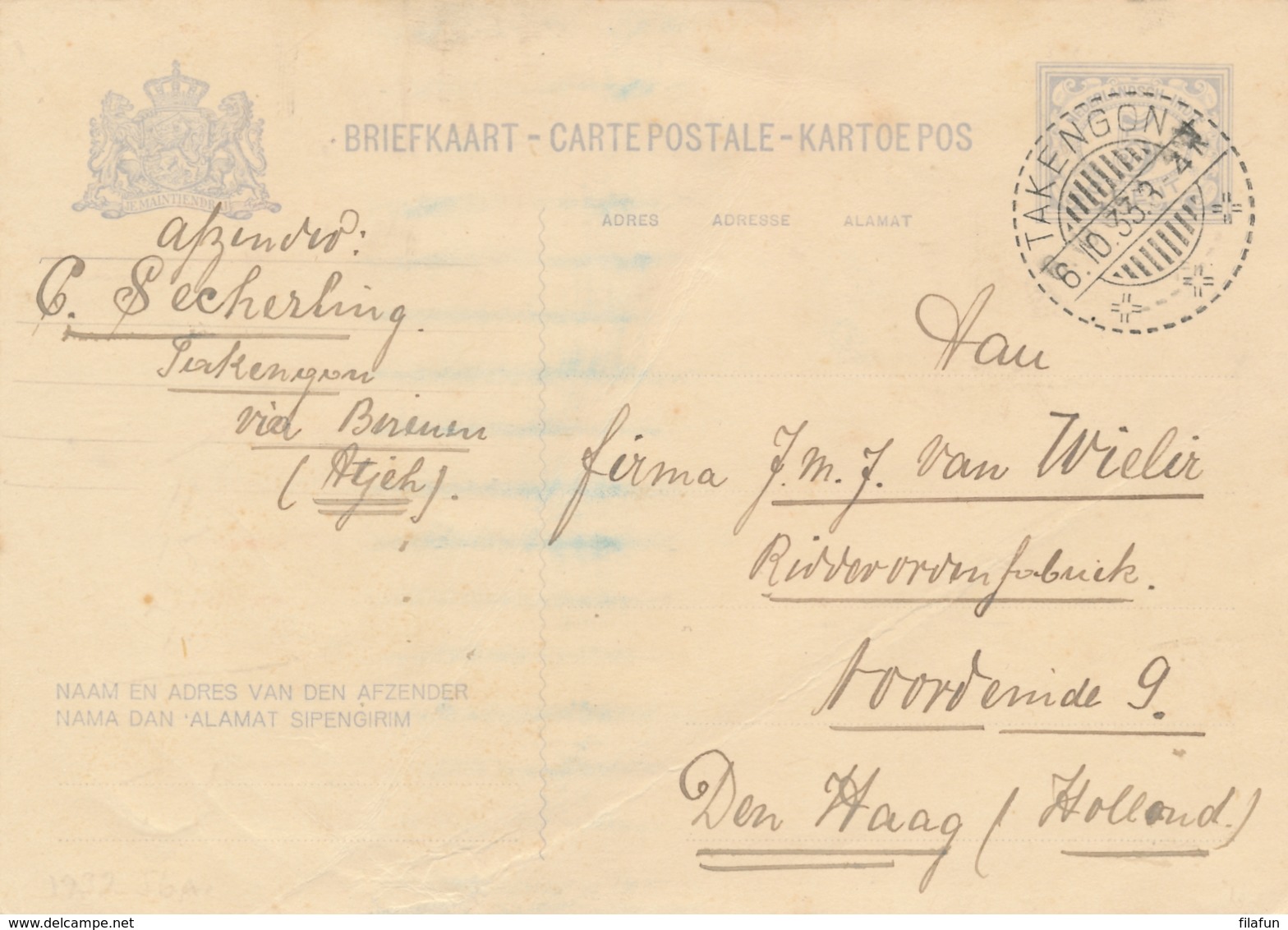 Nederlands Indië - 1933 - 5 Cent Cijfer, Briefkaart G54 Van LB TAKENGON Naar Den Haag / Nederland - Niederländisch-Indien