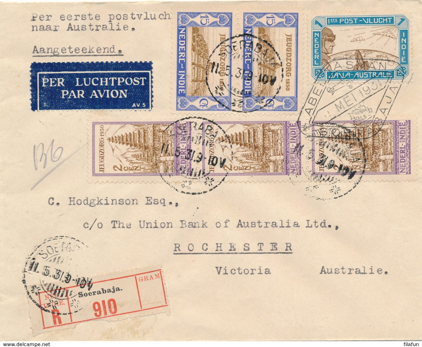 Nederlands Indië - 1931 - First Flight Soerabaja - Australia, R-cover Met Pattist Zegel Naar Rochester - Nederlands-Indië